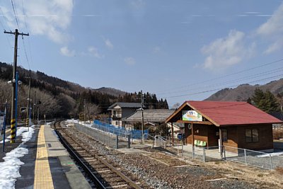 島式ホームと駅舎と構内踏切